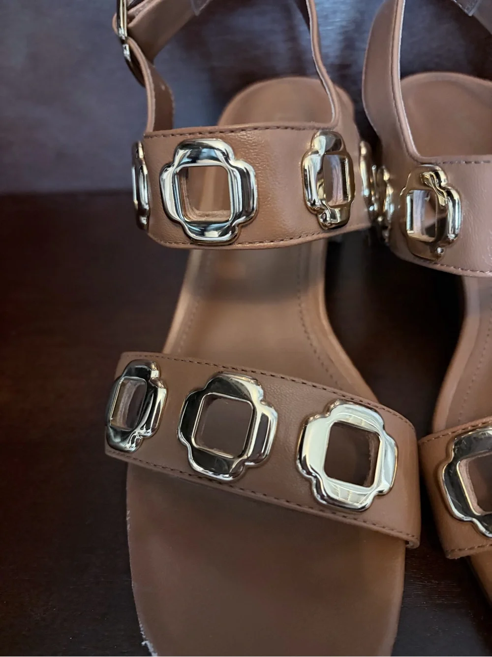 Larroude Tan Leather Slingback Heeled Sandals w/ Gold Geometric Detail -Sz 7.5